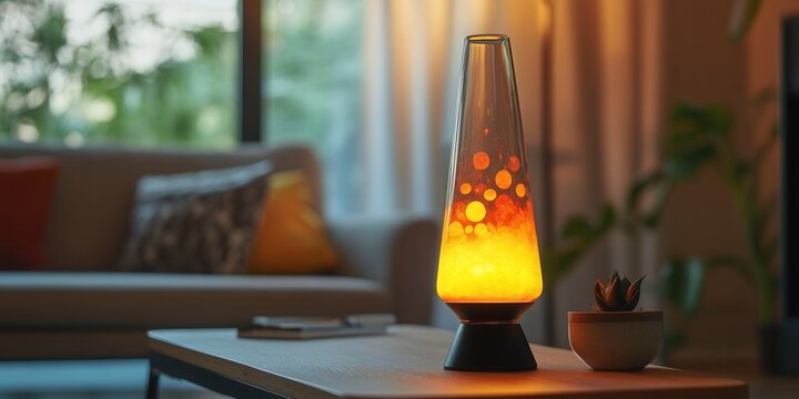 Vintage lava lamp casting warm orange and yellow glow, enhancing cozy ambiance on a stylish side table - Powered by Adobe