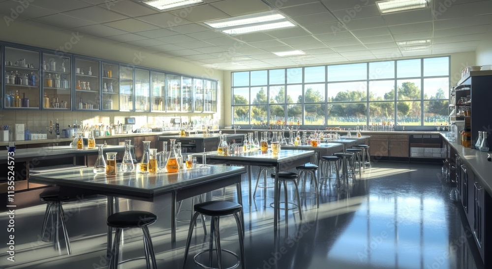 Poster Bright science lab with tables, stools, glassware, and window view.