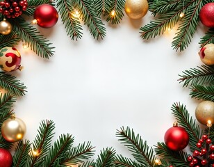 Christmas decorations create frame on white background. Spruce branches with lights, red, gold baubles form festive border. Flat lay design offers blank copy space perfect for holiday cards