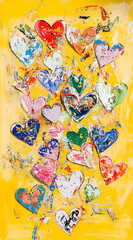 Fototapeta premium A vibrant display of colorful hearts on a yellow background, symbolizing love and joy.