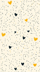 A playful pattern featuring colorful hearts and speckles on a light background.