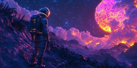 Obraz premium 80's Retro Space Explorer on a Luminous Alien World, Vibrant Colors, Surreal Landscape, Cosmic Adventure, Sci-Fi Aesthetic