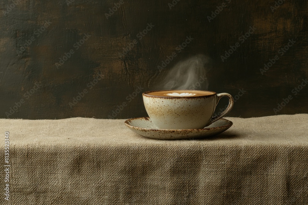 Poster steaming latte in speckled cup on linen cloth against dark backdrop.