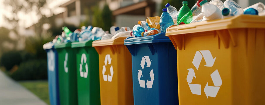 Recycle sustainability conservation renewal concept. A row of colorful recycling bins filled with plastic waste, promoting environmental sustainability and organized waste management.
