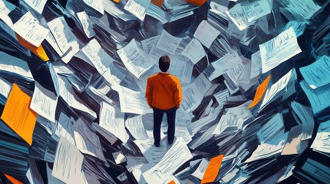 Lost in Information Overload, a figure navigates a chaotic labyrinth of paper and digital files, symbolizing the struggle with data management.