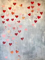 A colorful artwork featuring scattered hearts on a textured gray background.