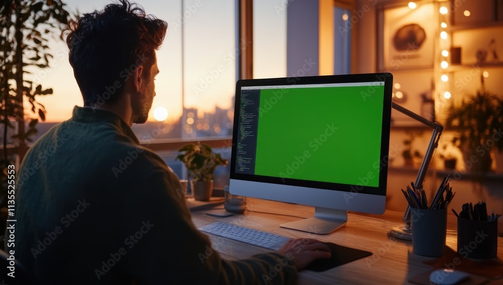 Poster Man working at desk with green screen computer at dusk.