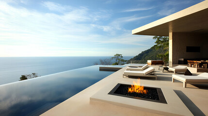 Luxurious infinity pool overlooking the ocean with a cozy fire pit and lounge chairs.