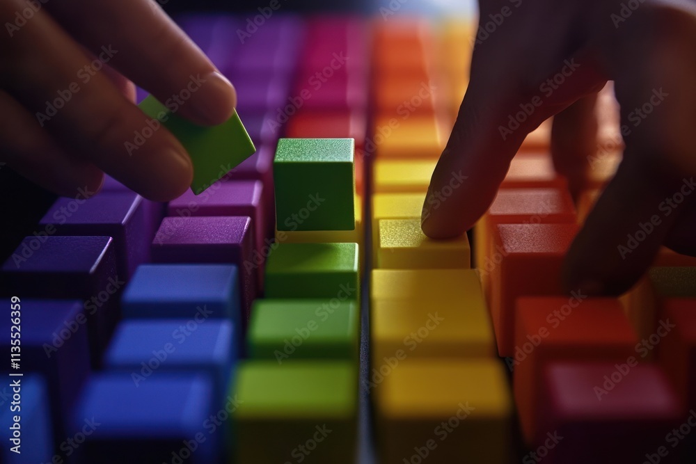 Poster Hands arranging colorful wooden blocks in a rainbow pattern.