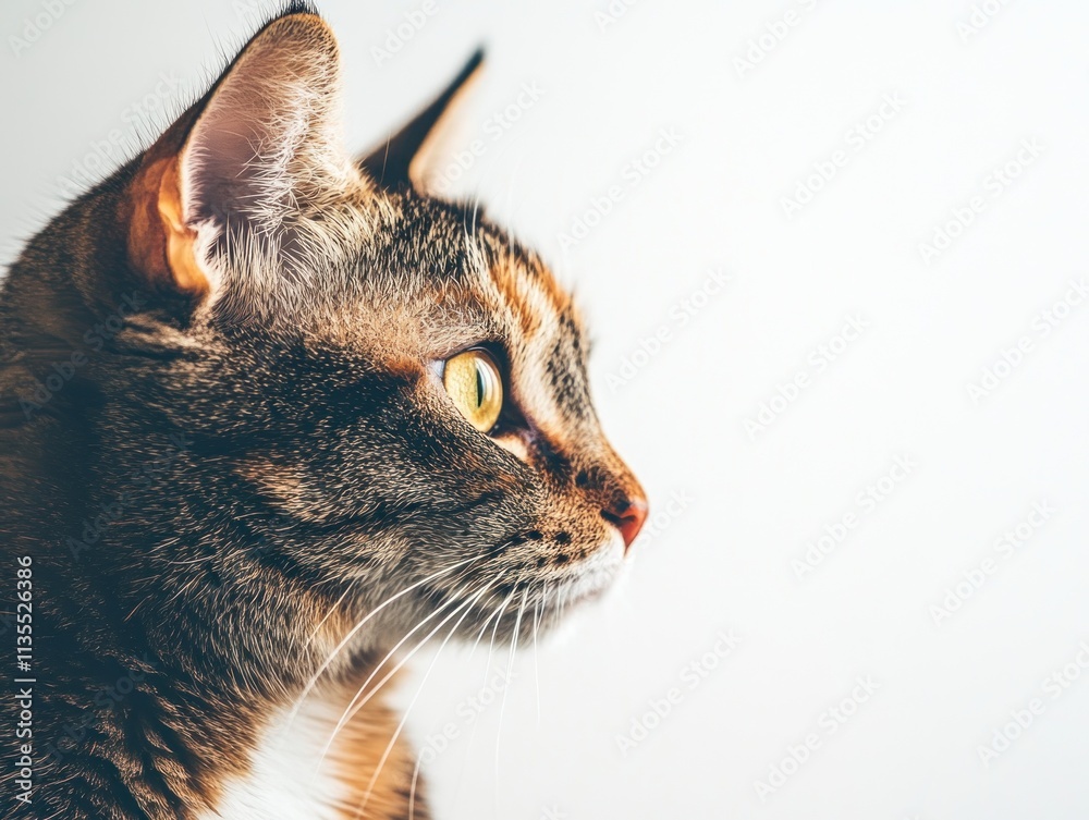 Poster close-up side view of a brown tabby cat with yellow eyes, isolated.