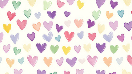 A pattern of colorful hearts in various shades on a light background, evoking love and warmth.