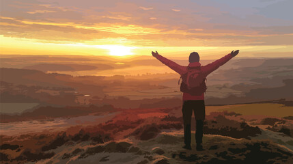 Fototapeta premium Silhouette of a Person Embracing a Sunrise Over Scenic Hills, Fresh Start and Sunrise Themes, New Year's day, New Year's Eve 