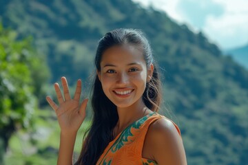 Inviting woman gesturing for website account creation, showcasing approachability and friendliness in a digital context