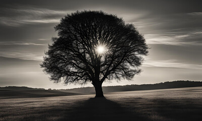 Majestic Tree Silhouetted Against Chiaroscuro Sunset Over Rolling Hills