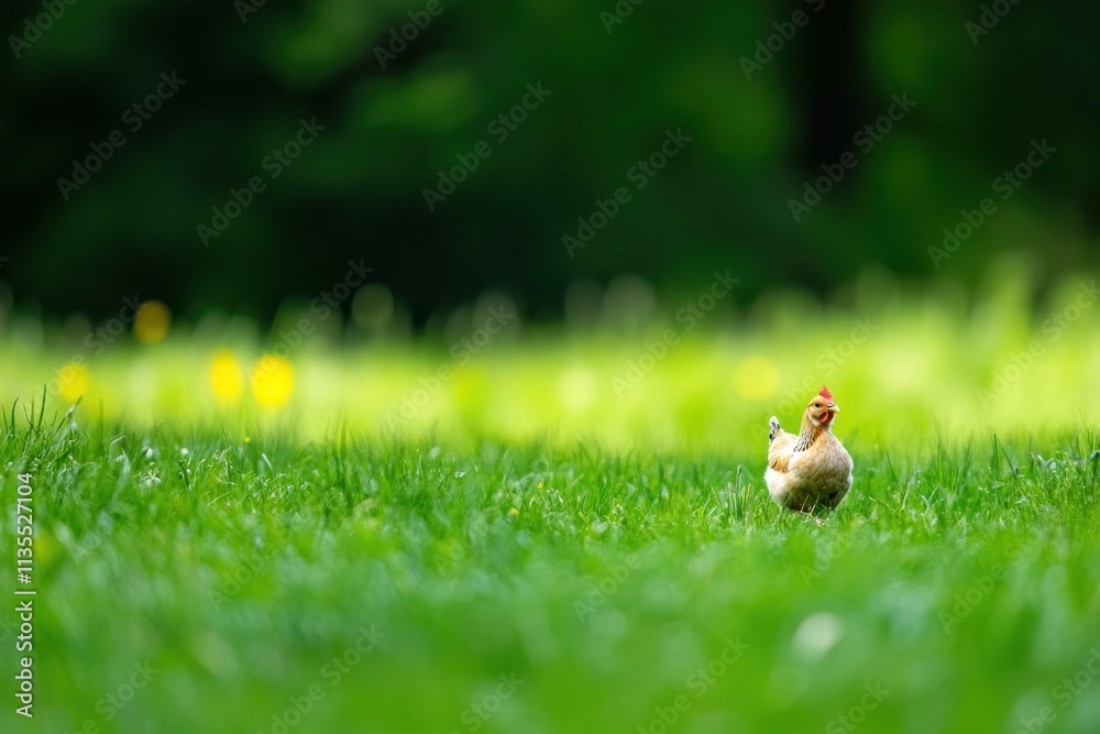 Poster chicken walking in green meadow with blurred background.