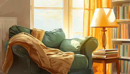 Sunlit Room with Armchair, Lamp, and Bookshelf