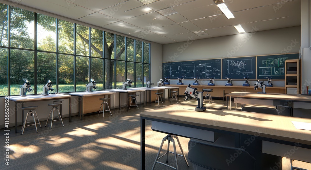 Poster Sunlit science lab with microscope workstations.