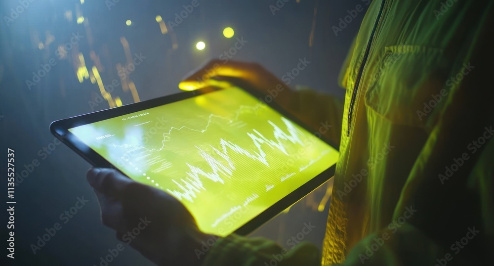 Poster Person using glowing tablet with data graphs.