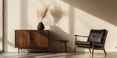 ミッドセンチュリーモダンなチェアと木製キャビネットのシンプルなインテリア | Simple Interior with Mid-Century Modern Chair and Wooden Cabinet