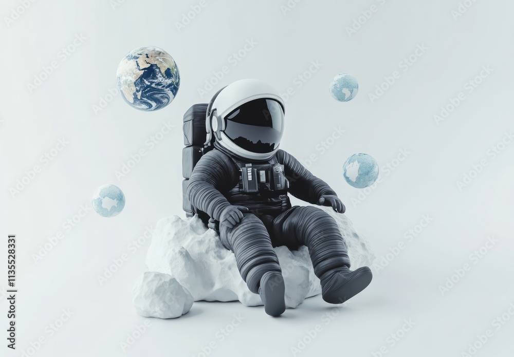 Poster Astronaut sits on asteroid with floating earth planets.