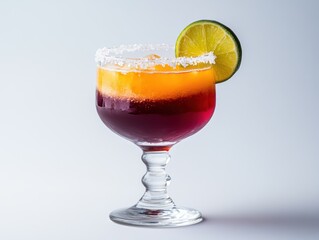 A vibrant cocktail in a glass with a salted rim and a lime wedge, showcasing colorful layers.
