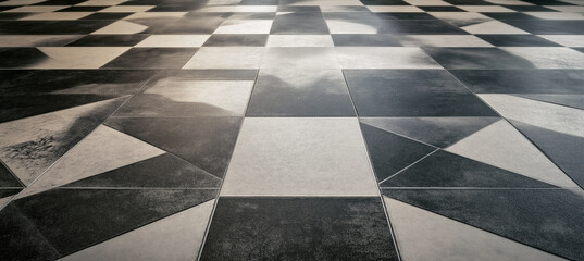 Retro Checkerboard Pattern Black and White Tiles Worn Surface Texture