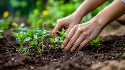 Female hands planting young sprouts in a garden, symbolizing growth and nurturing.