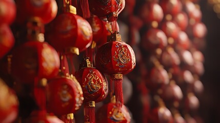 A close-up of red lanterns hanging in a row, symbolizing good fortune and joy during the festival