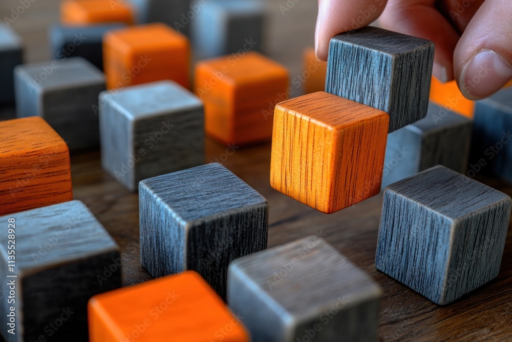Poster hand placing orange block in group of grey blocks.