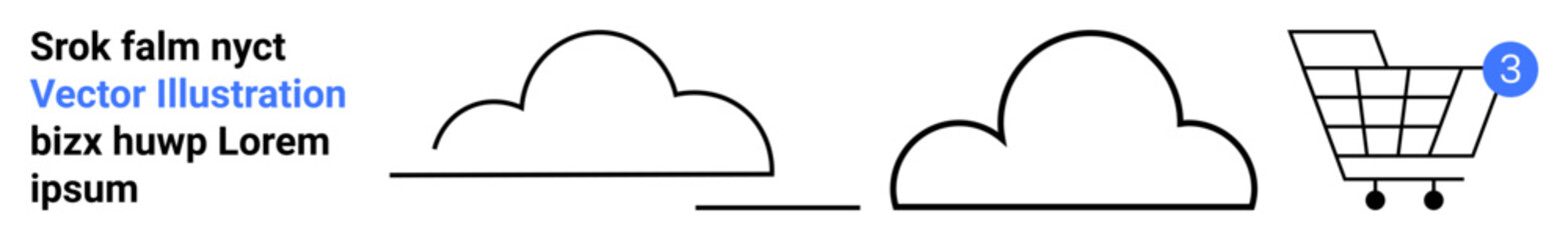 Shopping cart icon with blue notification badge and two simple cloud icons. Ideal for e-commerce, online shopping, cloud storage, website design, user interface, technology, and digital solutions