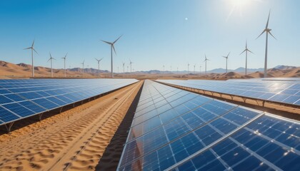 Fototapeta na wymiar Vast Solar and Wind Farm in a Desert Landscape