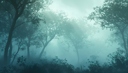 Obraz premium Digital Rendering of a Foggy Forest with Teal Color Palette