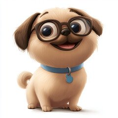 cute cartoon dog with glasses, smiling happily and playful
