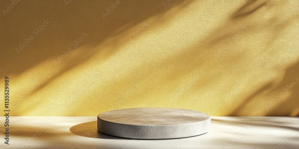 Poster Light shadows on gold wall with a concrete stand in foreground.