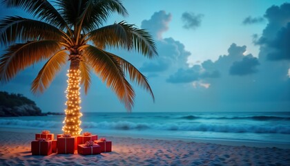 Tropical Christmas scene at twilight on sandy beach. Palm tree decorated with festive lights, presents stands on shore. Evening sky deep blue, calm. Coastal nature setting. Warm holiday atmosphere.