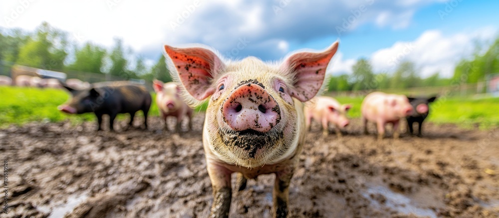 Poster piglet in mud with other pigs.