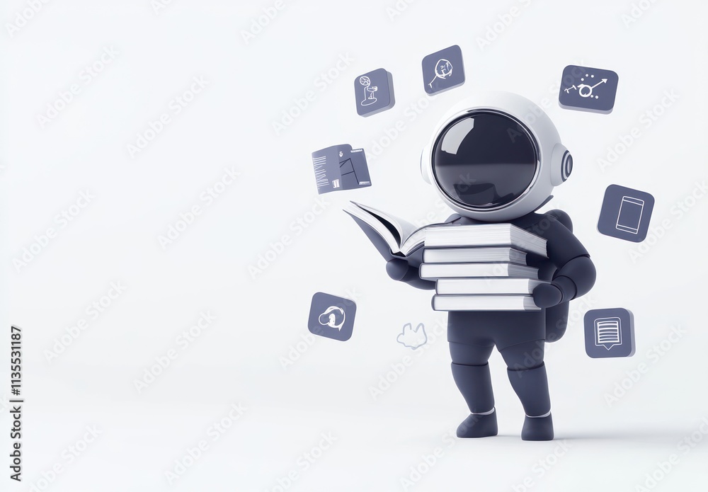 Poster astronaut reading books, floating icons around.