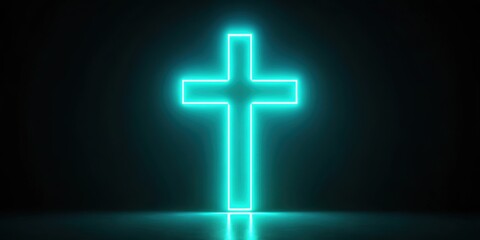 Obraz premium Teal neon cross glowing brightly on a dark background, glowing, neon, cross, teal, bright, vibrant, religious symbol