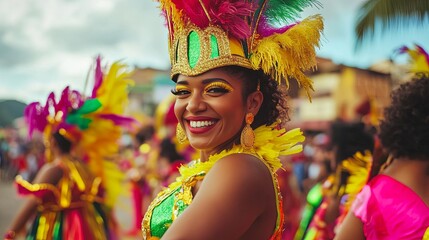 A festive Carnival in Rio de Janeiro scene with colorful costumes and samba dancers amidst a...