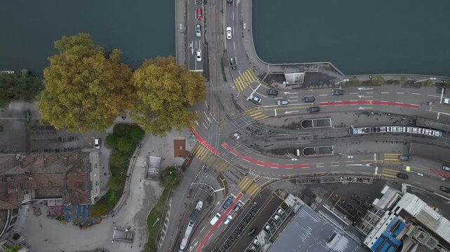 day time zurich city center traffic street square riverside bay aerial panorama 4k switzerland 