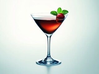 A stylish cocktail served in a martini glass, garnished with a cherry and mint leaf.