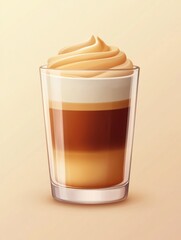 A layered coffee drink topped with creamy foam in a clear glass.