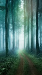 Naklejka premium Ethereal Misty Forest Phone Wallpaper with Soft Greens, Blues, and Purples