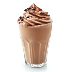 A creamy chocolate drink topped with swirls of whipped cream and chocolate shavings.