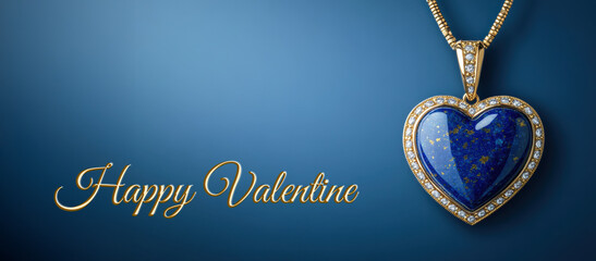 Elegant heart-shaped blue gemstone pendant with gold chain on blue background, perfect for Valentine's Day themes, AI