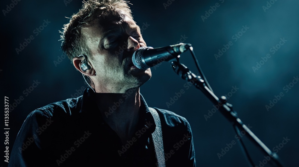 Poster man sings intensely into mic at performance, lit from back.