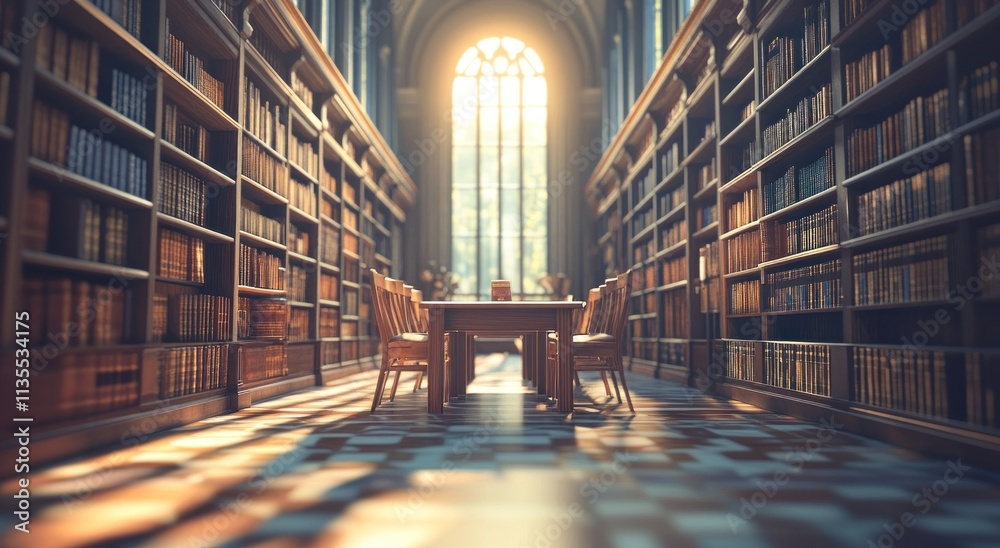 Poster Sunlit library with books and a table between shelves on a checkered floor.