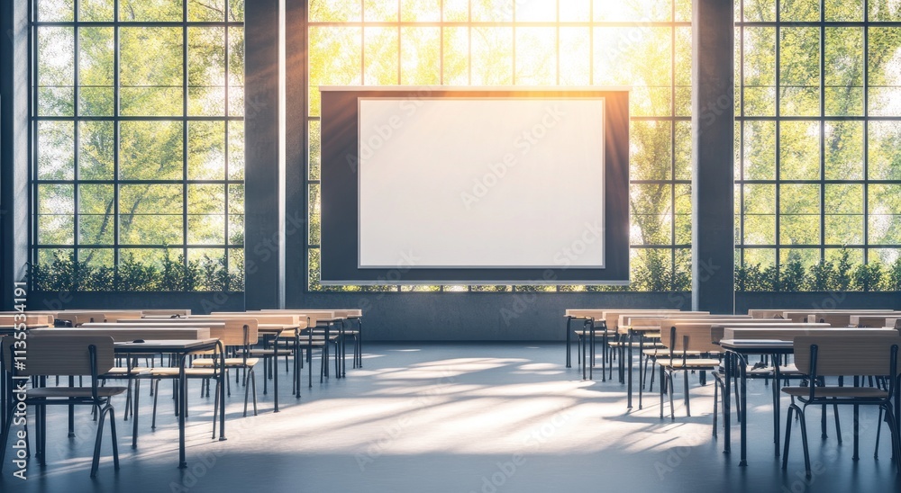 Poster classroom with screen, windows, sunlight.
