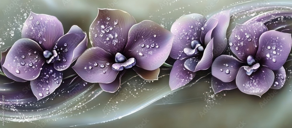 Poster purple orchids with dew drops on wavy background.
