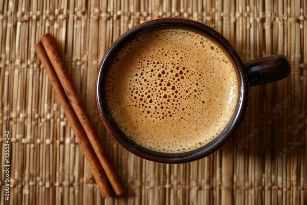 Poster top view coffee with cinnamon sticks on a woven mat.